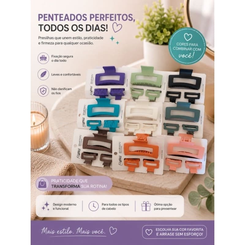 Kit com 3 Presilhas Quadradas – Modernas, Firmes e Confortáveis | Várias Cores 1 grande 2 pequenas