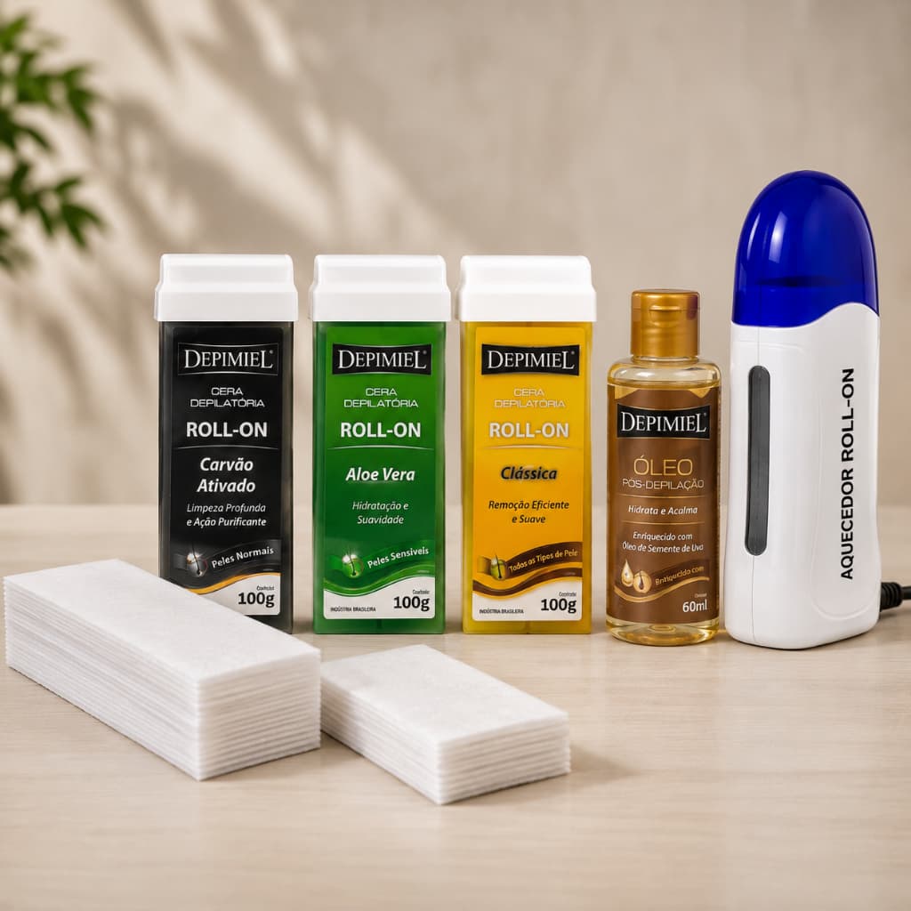 Depilação Completo 3 Ceras Quentes 100g Aquecedor Roll On Óleo Removedor 60ml 25 Folhas Depilatórias