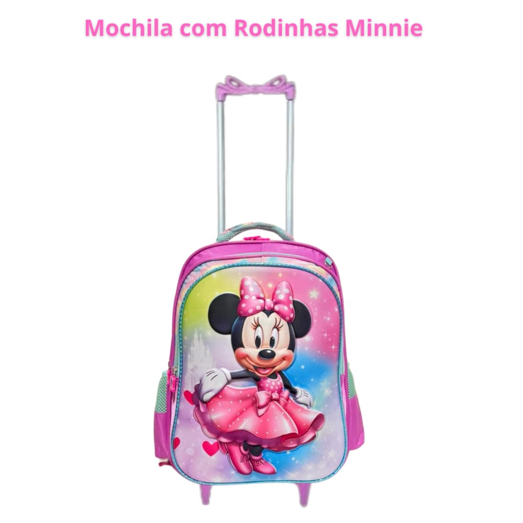 Mochila Escolar 3D Carrinho Rodinhas Infantil Minnie Menina