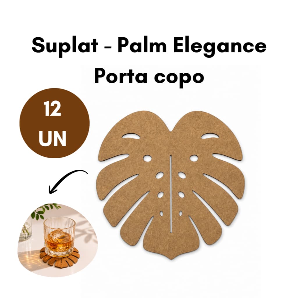 Porta Copo Palm Elegance Mdf Cru 10cm Costela de Adão Kit Completo 12 Unidades