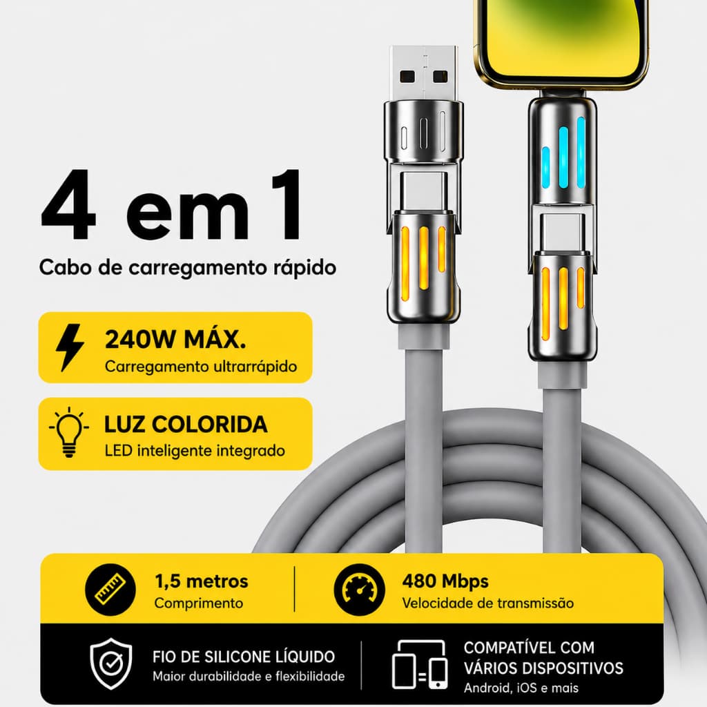 Cabo Tipo C 4 em 1 Magnético 240W Super Rápido 1,5m com LED e Transferência de Dados