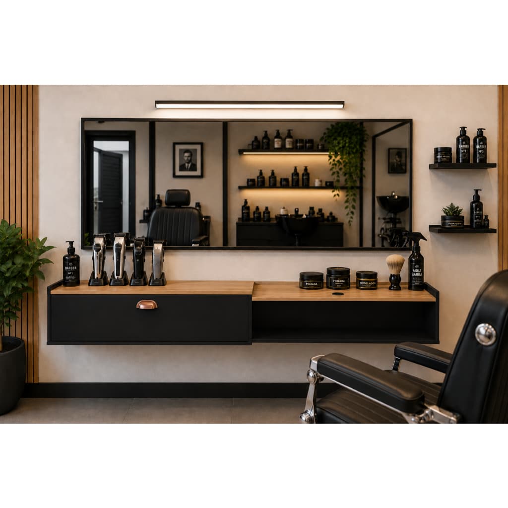Bancada Barbearia Suspensa 180cm Premium Nicho Organizador Salão