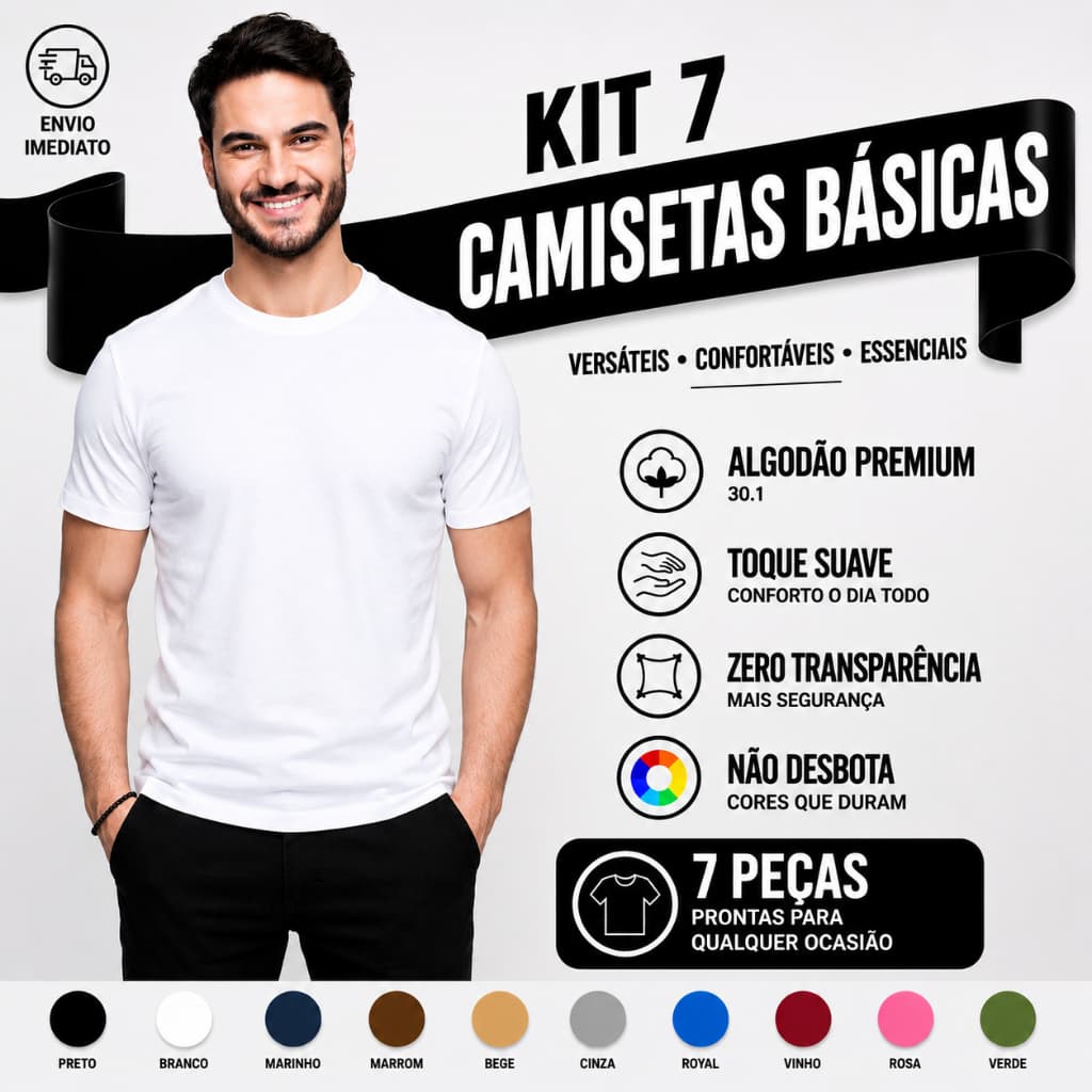 Camiseta Masculina Algodão Kit 7 Camisas Brancas Masculinas Slim Básicas Gola Redonda Tribo