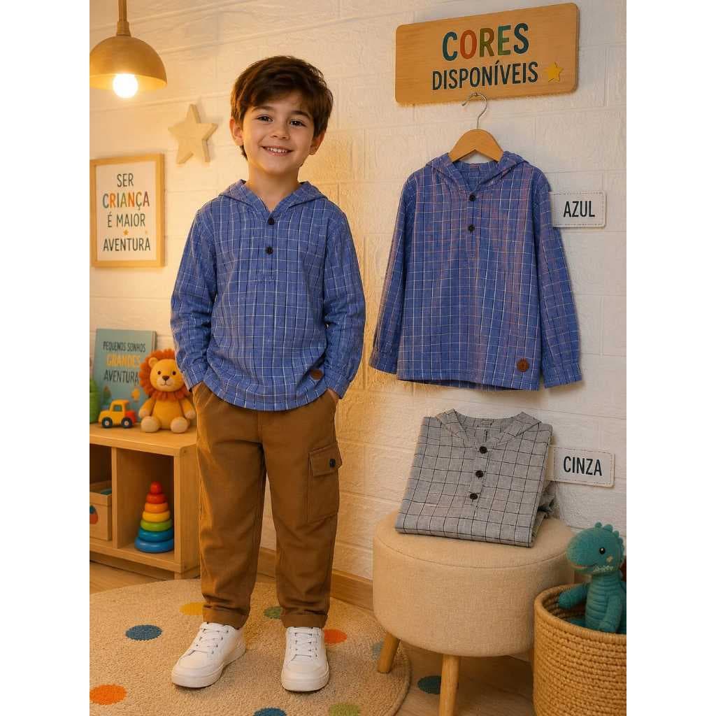 Camisa Infantil  Xadrez com Capuz – Menino ✨ Estilo e conforto para os pequenos! ✨