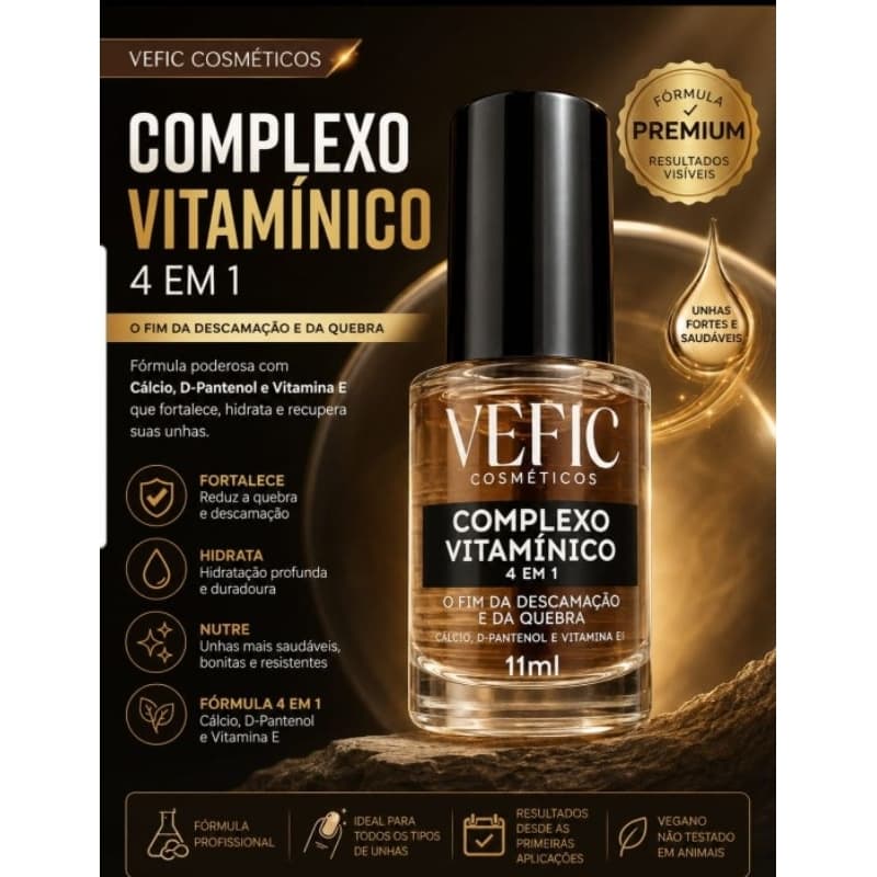Vefic Complexo Vitamínico 4 em 1 11ml Fortalecedor de Unhas Cálcio D-Pantenol Vitamina E Contra Quebra e Descamação
