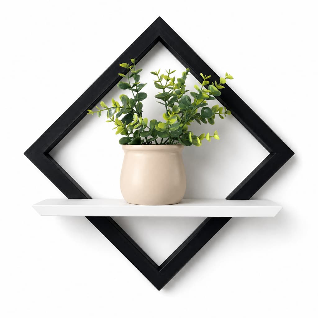 Prateleira Decorativa De Parede | Moldura Geométrica 3D 23x23x8cm | Decoração Minimalista Preta e Branca