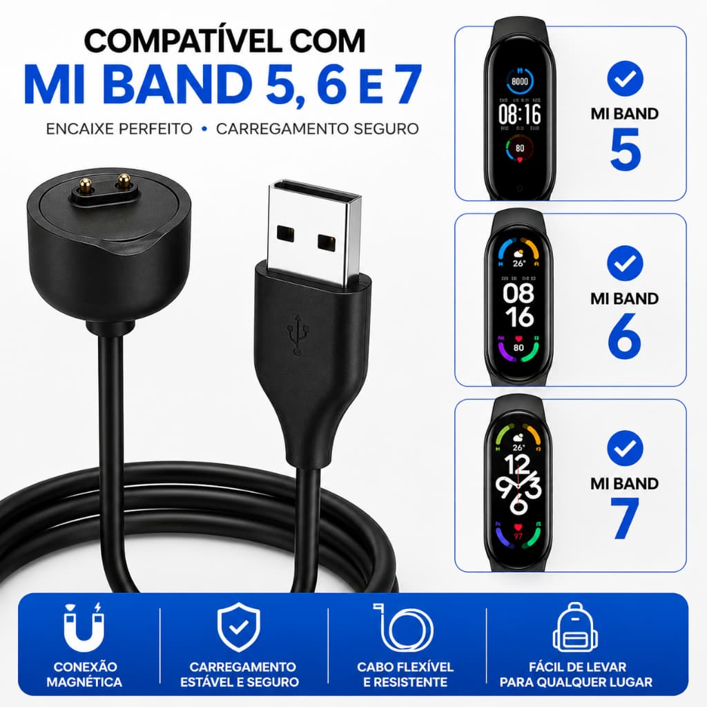 Cabo Usb Para Xiaomi Mi Band 5 MiBand 6 Mi Band 7 Carregador Magnético Compatível Miband 5 Mi Band 6