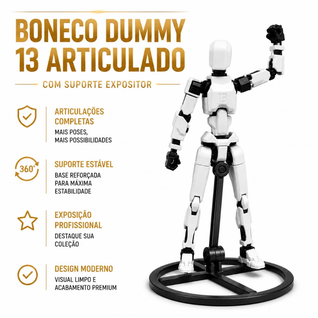 Kit Boneco Articulado Dummy 13 com Suporte Stand de Base Infantil Action Figure Robô de Manipular e Montar Acessório