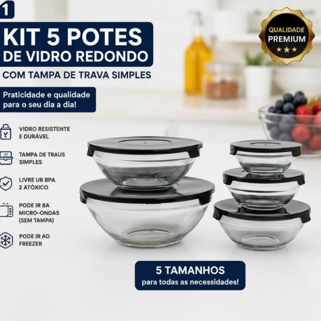 kit 5 Potes Tigela de Vidro Redondo com Tampa Bowl Micro-ondas Forno Airfray Geladeira