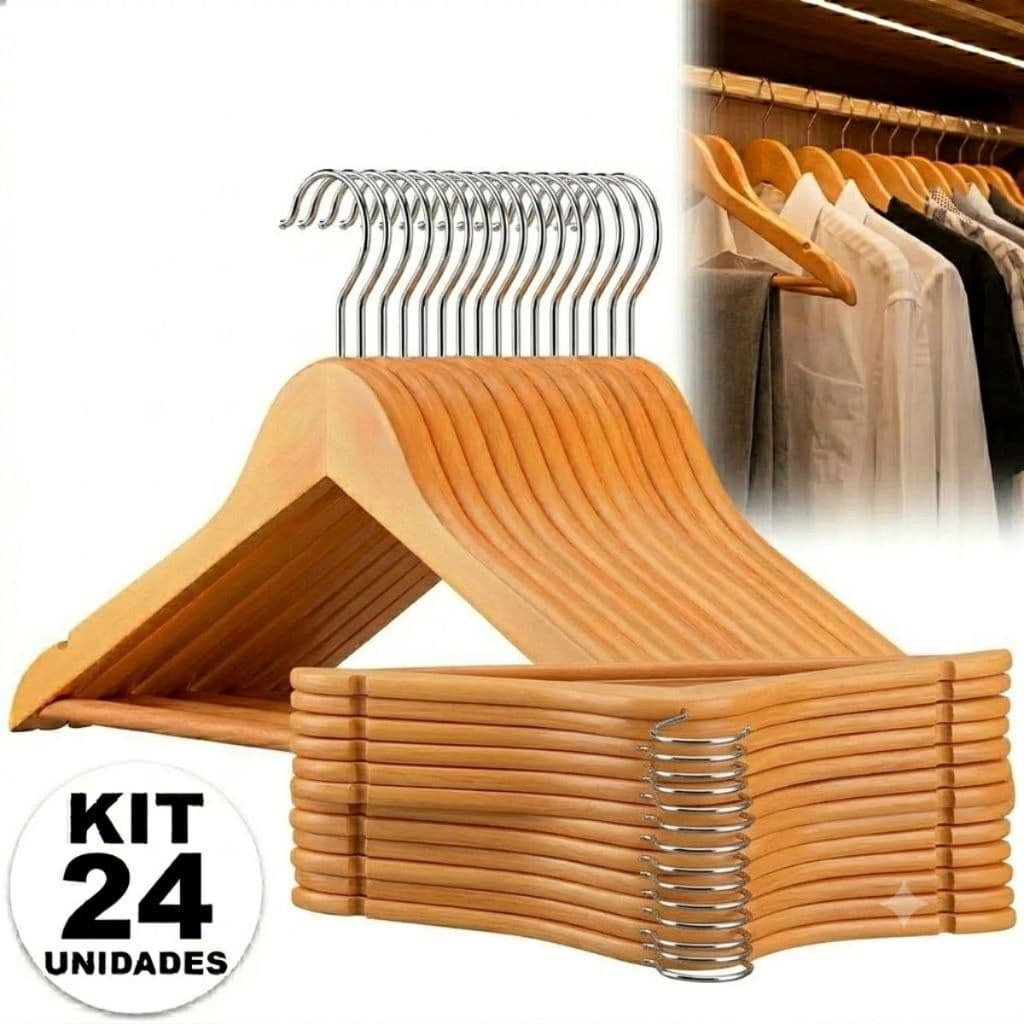Kit 24 Cabides Madeira Acabamento Verniz Suporte Guarda Roupa Armário