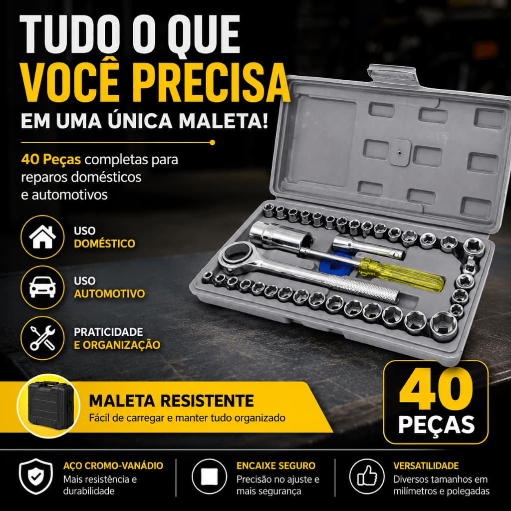 Kit Ferramentas 40 Peças Com Maleta Jogo Soquetes Chave Catraca Profissional Cromo Vanádio