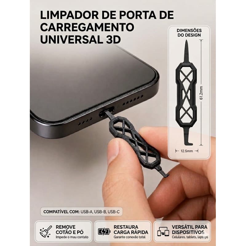 Limpador De Conector De Carga Celular Universal Tira Sujeira Pó Restaura Carregamento Rápido USB-C Tipo C