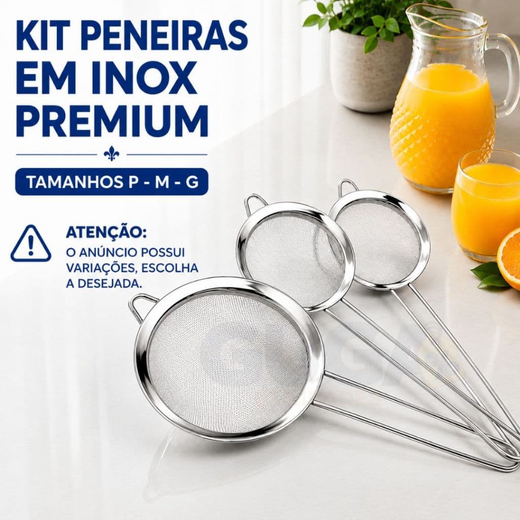 Kit 3 Peneiras Inox Cozinha 16cm 14cm 12cm Malha Fina Resistente Para Suco Farinha Óleo Alimentos Qualidade Premium