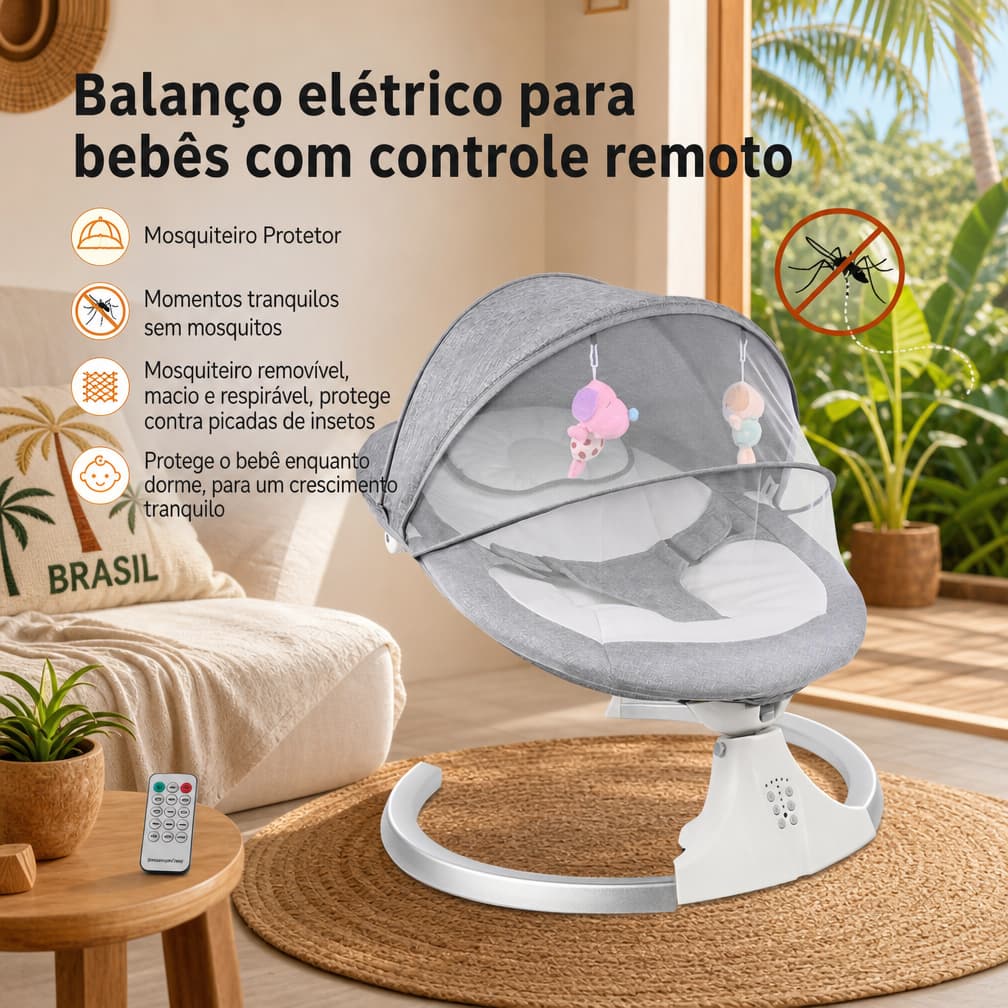 Balanço elétrico para bebês com controle remoto e base em aço carbono/liga metálica