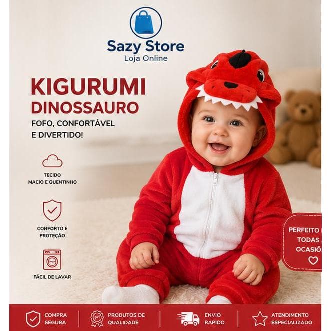 Kigurumi Dinossauro Vermelho Bebê Macacão Infantil Fantasia Pijama Quentinho