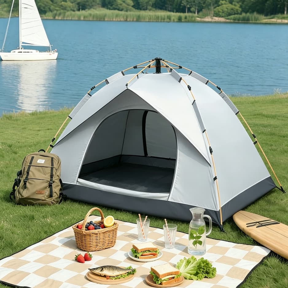 Barraca de abertura rápida com proteção solar, material resistente, portátil – ideal para pesca, montanhismo e camping.