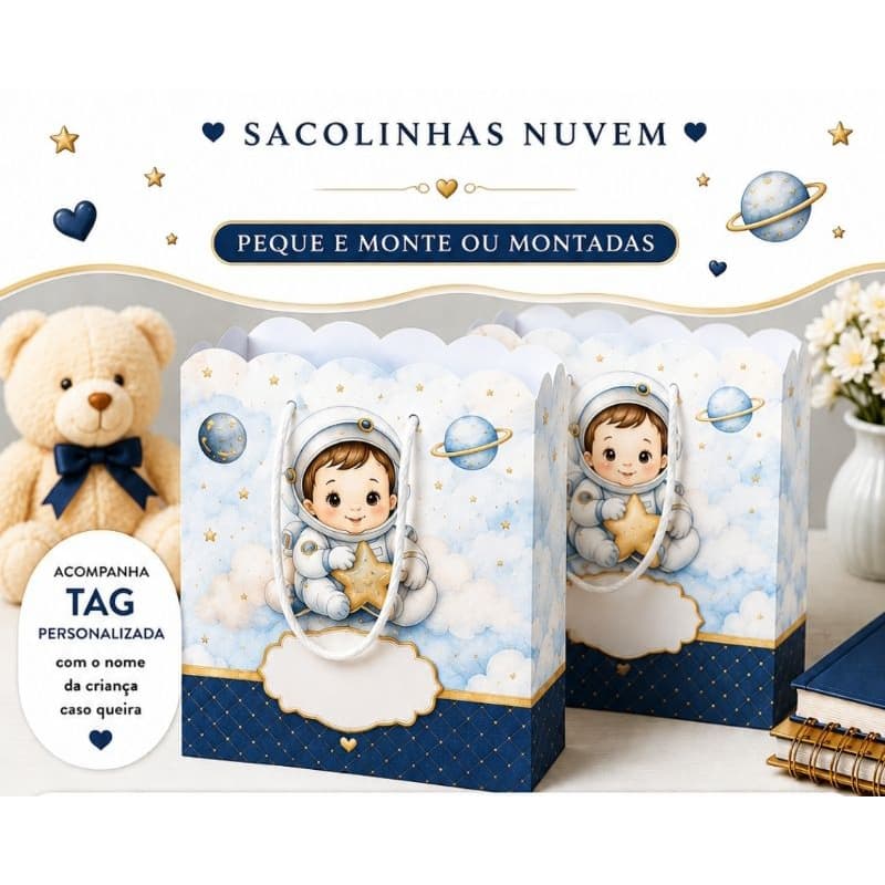 # 💕 Sacolinhas Personalizadas Astronauta Luxo,  Lembrancinhas Astronauta Menino Decoração Astronauta , 20×16
