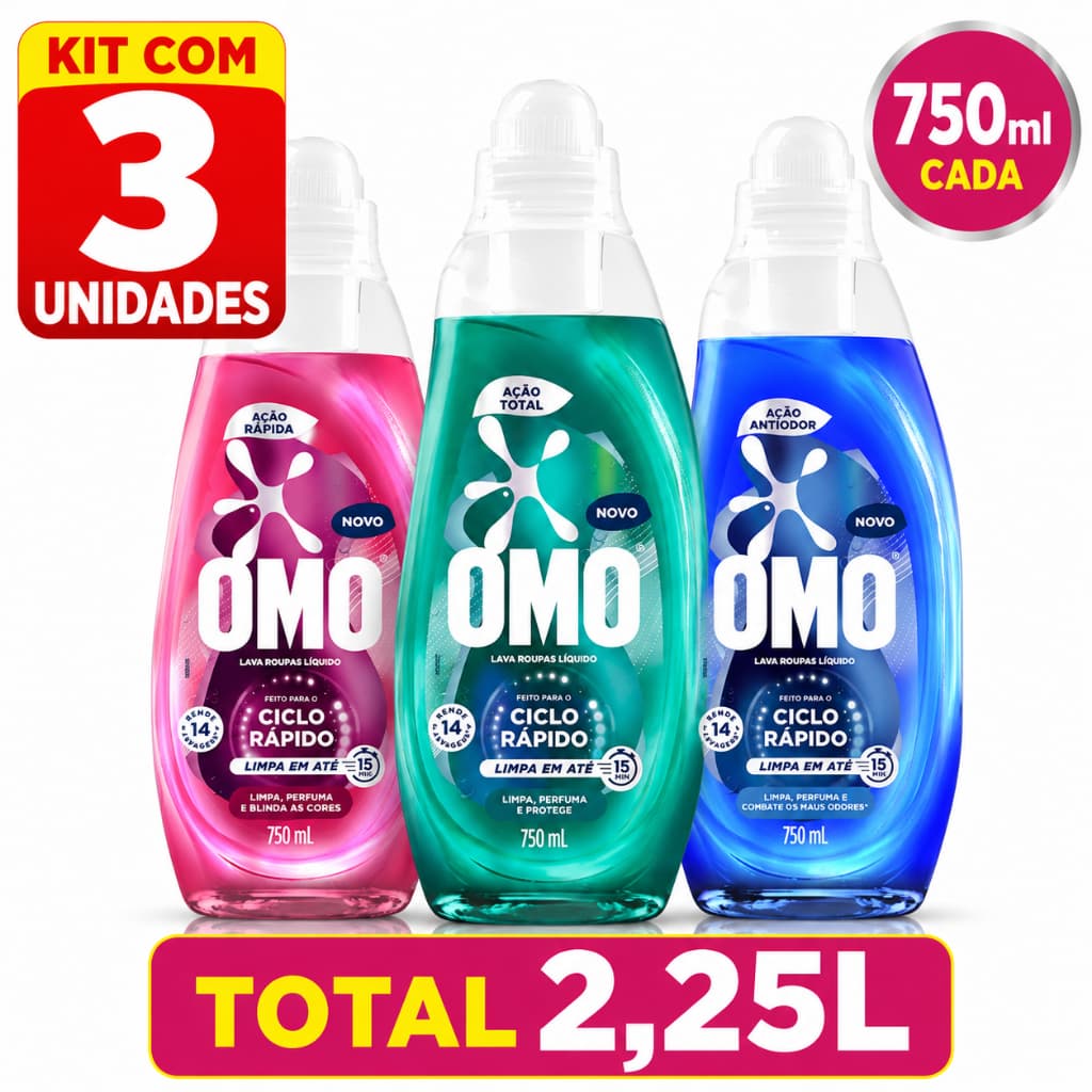 Kit 3 OMO Ciclo Rápido 750ml 1 Ação Cuidado +1 Ação total + 1 Ação Antiodor