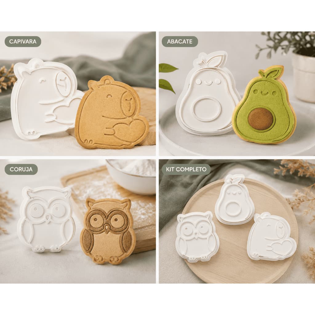 Kit de Cortadores de Biscoito Capivara, Coruja e Abacate