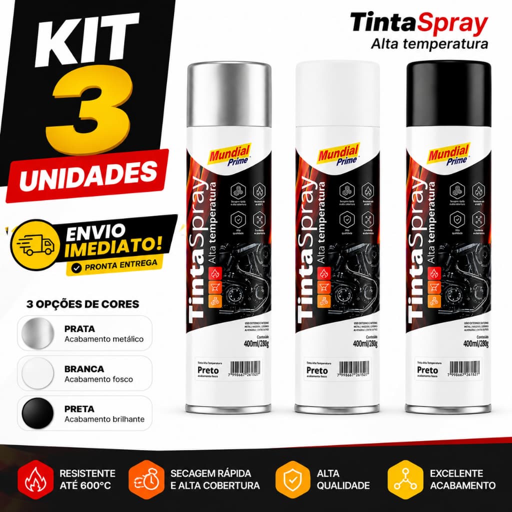 Kit 3 Tinta Spray Alta Temperatura 600°C Opções Alumínio/Preto Fosco/Branco 400ml