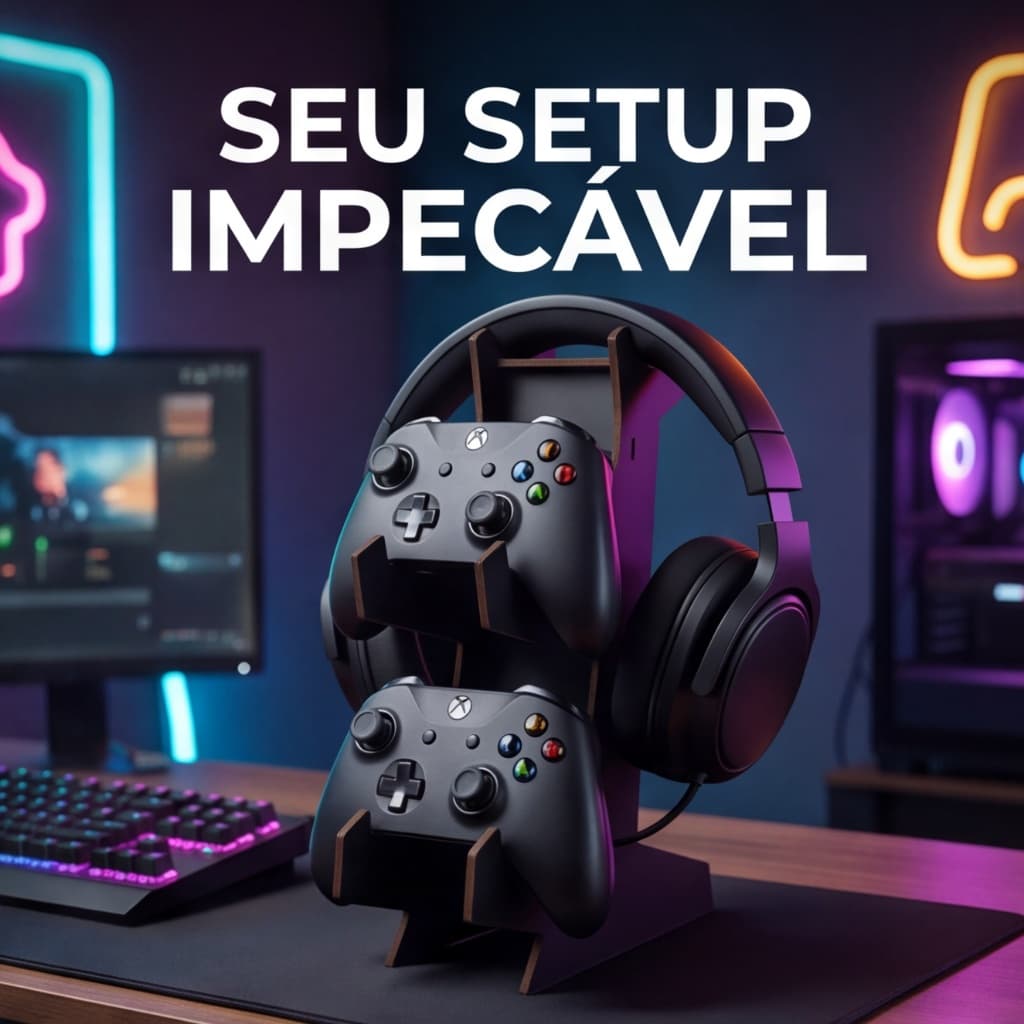 Suporte Gamer de Mesa para 2 Controles PS5 Xbox PS4 e Headset Organizador Setup