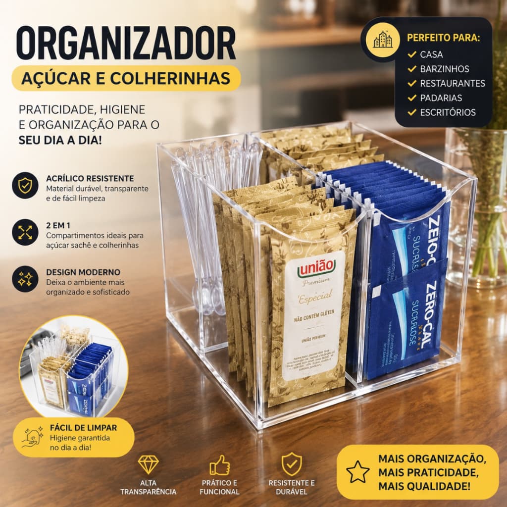 Porta Sachê Acrílico mesa bar, Compartimentos Açúcar Adoçante Chá — Organização Cozinha Café Casa