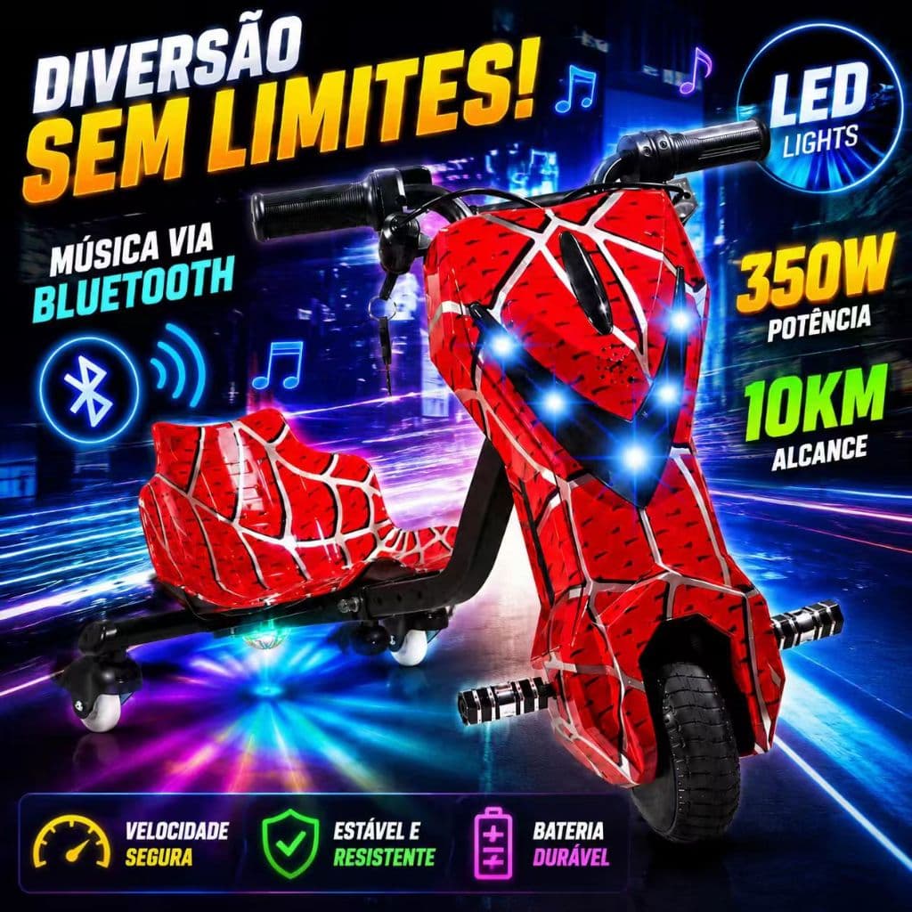 Patinete Triciclo Infantil Elétrico Drift 350W 36V com Bluetooth LED Capacete Proteção Completo