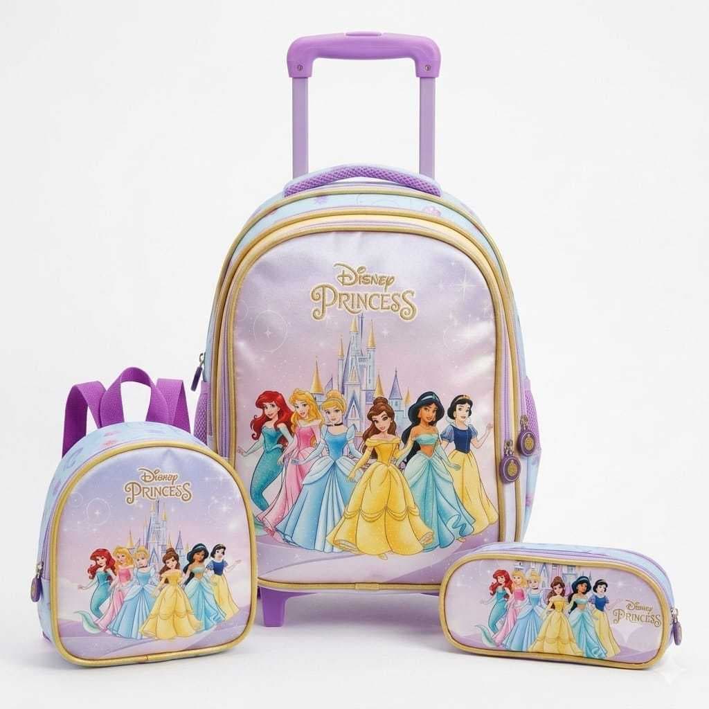Kit Mochila Escolar Com Rodinha, Princesas Disney, Estojo e Lancheira