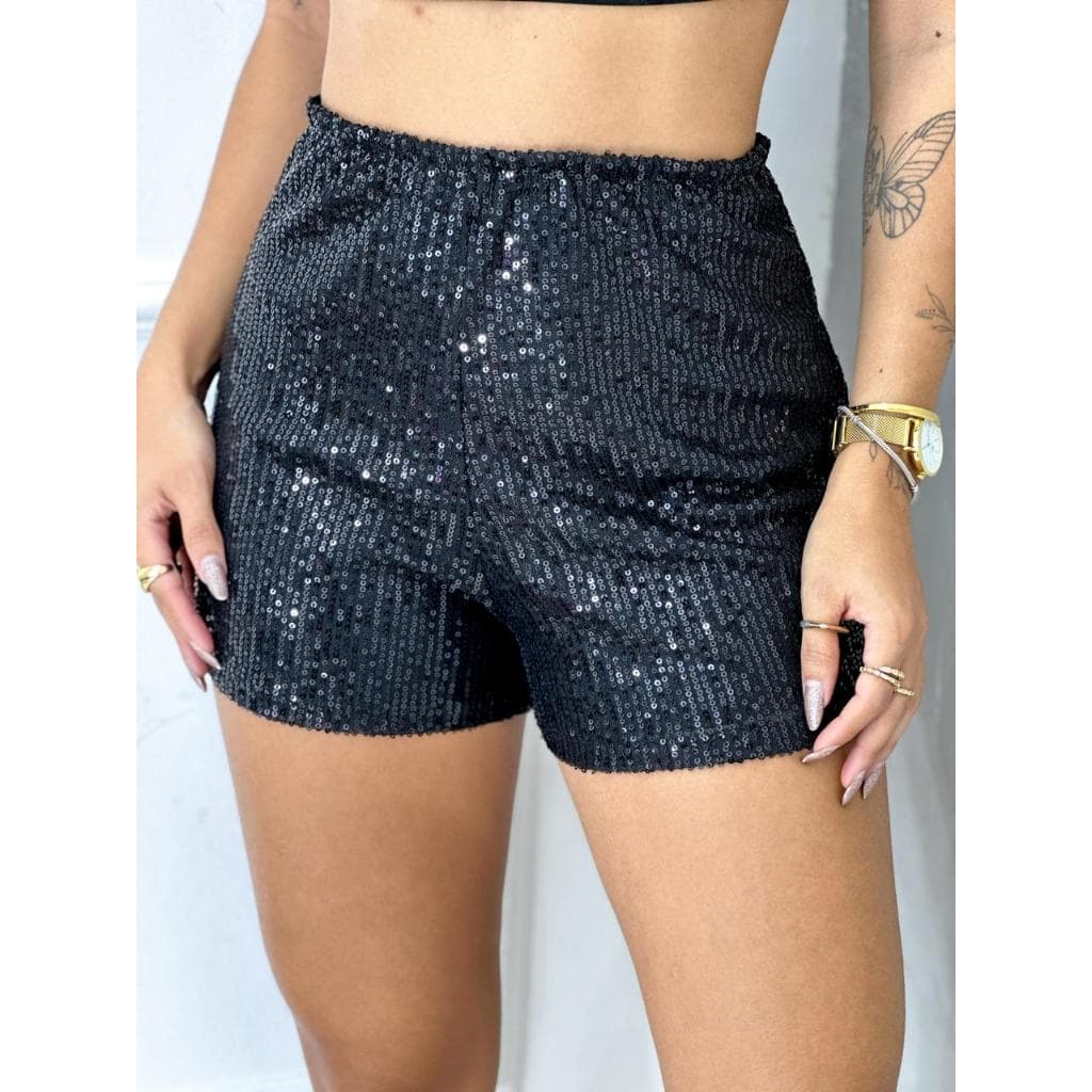 Short Paetê Feminino Cintura Alta Shorts com brilho Festa Balada Noite Forrado Lantejoulas Blogueira Coleção Oferta 2026