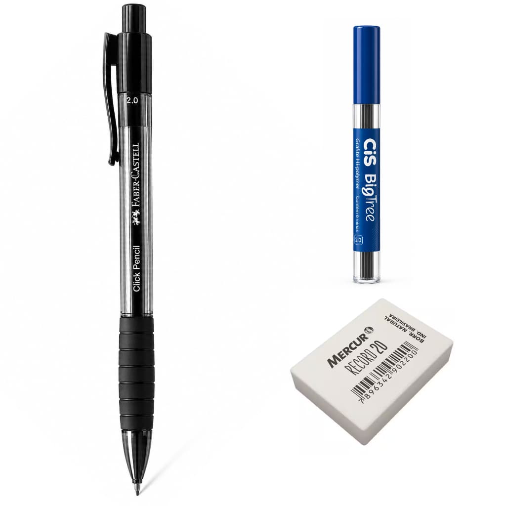 Kit Lapiseira Poly Click Pencil Faber Castell 2.0mm + 1 Grafite 2.0mm + 1 Borracha Mercur