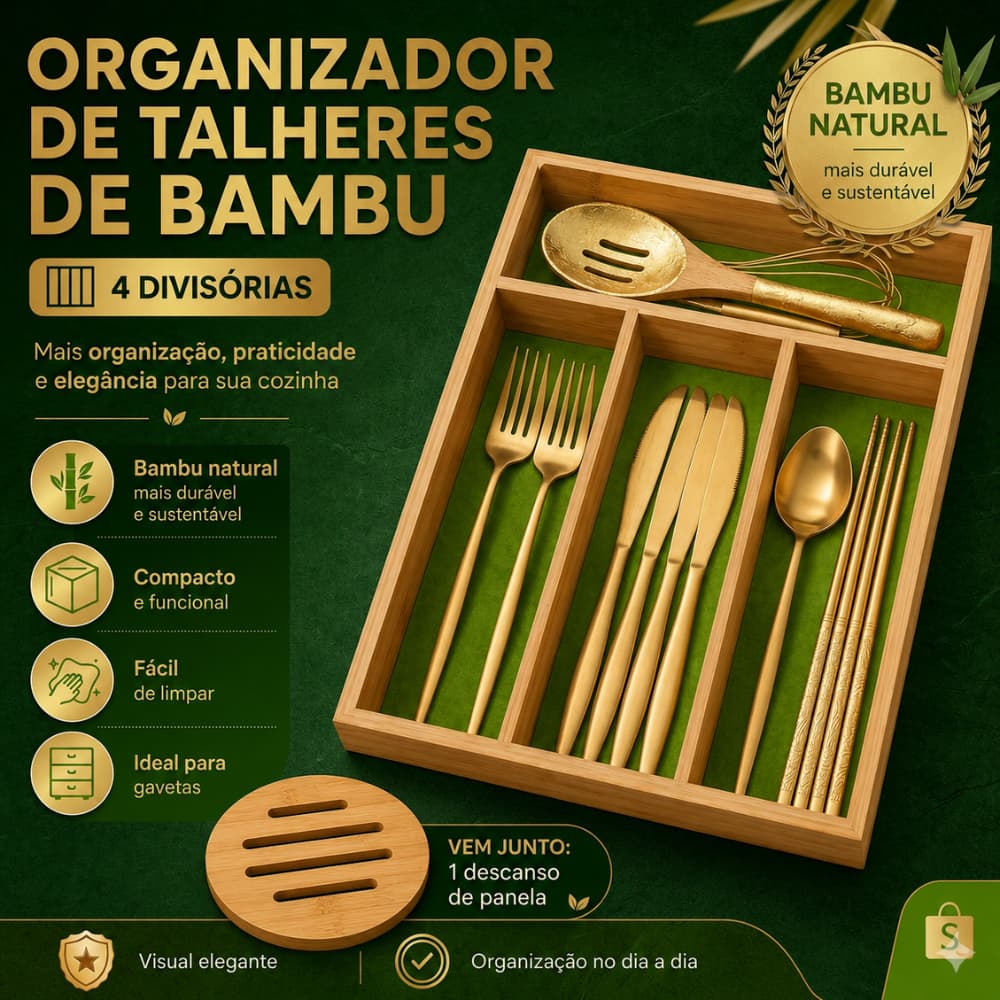 Porta Talheres Bambu 4 Divisórias Organizador Para Gavetas