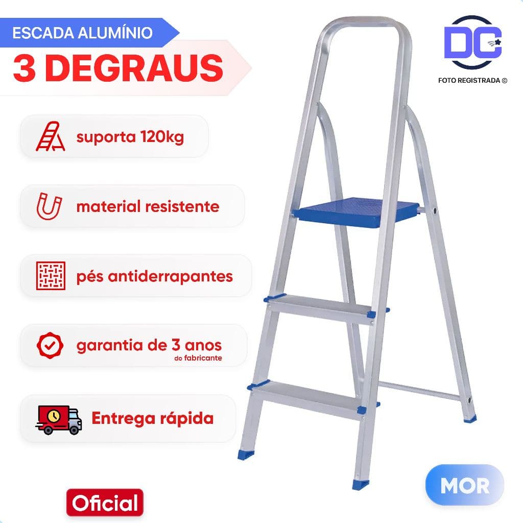 Escada 3 Degraus Alumínio Resistente Dobrável Suporta 120kg MOR