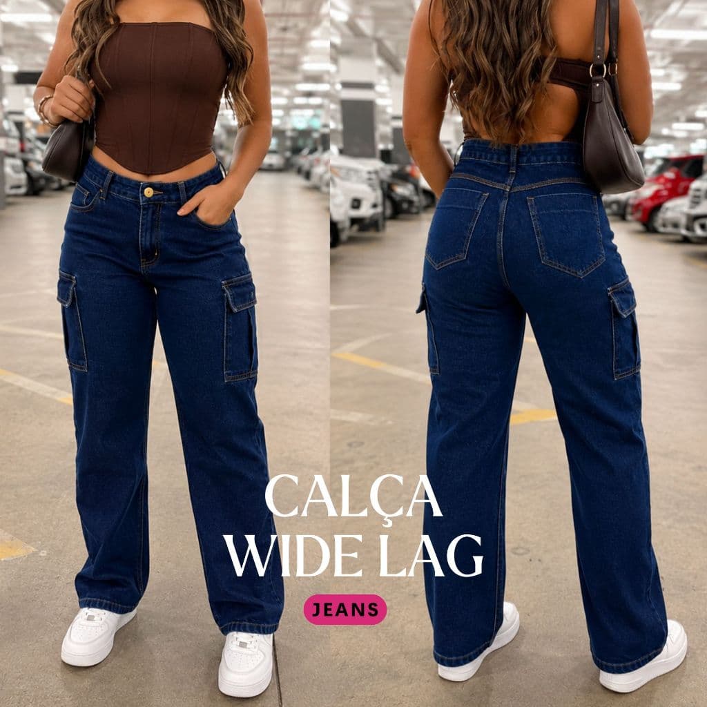 Calça Jeans Wide Leg Cargo Feminina Cintura Alta Com Bolso Lateral Jeans Escuro Calça Wide Leg Plus Size