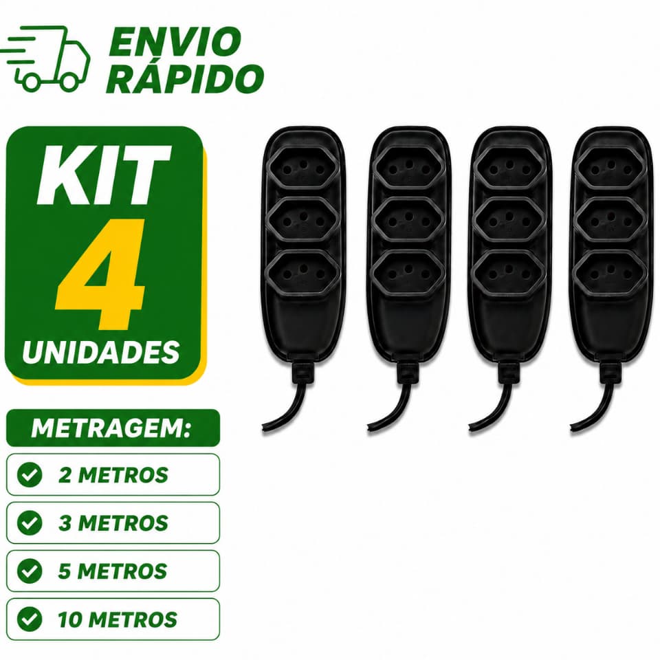 Kit 4 Extensão Elétrica Bivolt 2m 3m 5m 10m 10A Tripolar 3 Tomadas Padrão Brasileiro 110/220V Reforçada