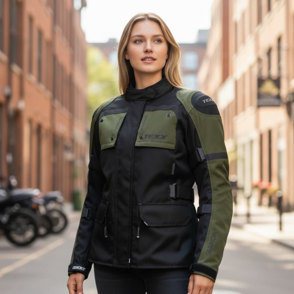 Jaqueta Texx Armor Lady Feminina Preta Verde Proteção Motociclista Moto Touring Viagem Impermeável Moto Feminina