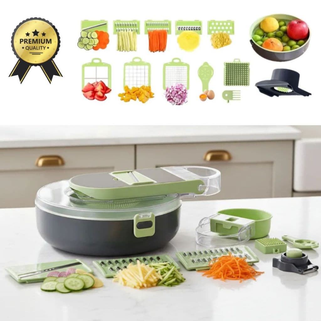 Ralador Cortador Fatiador Corta Vegetais Legumes Frutas Redondo 15 Peças Tampa Peneira 7 Lâminas