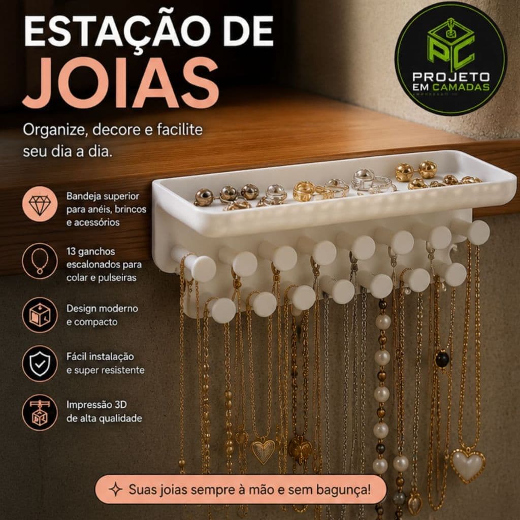 Organizador de Joias com Bandeja e 13 Ganchos Suporte Colares Anéis Brincos