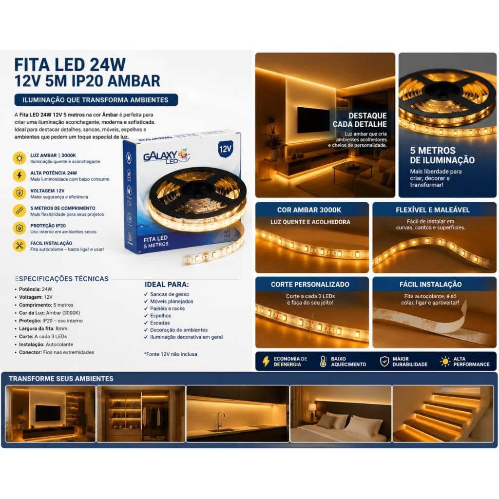 Fita LED 24W 12V 5 Metros IP20 Luz Âmbar – Iluminação Decorativa de Alta Qualidade