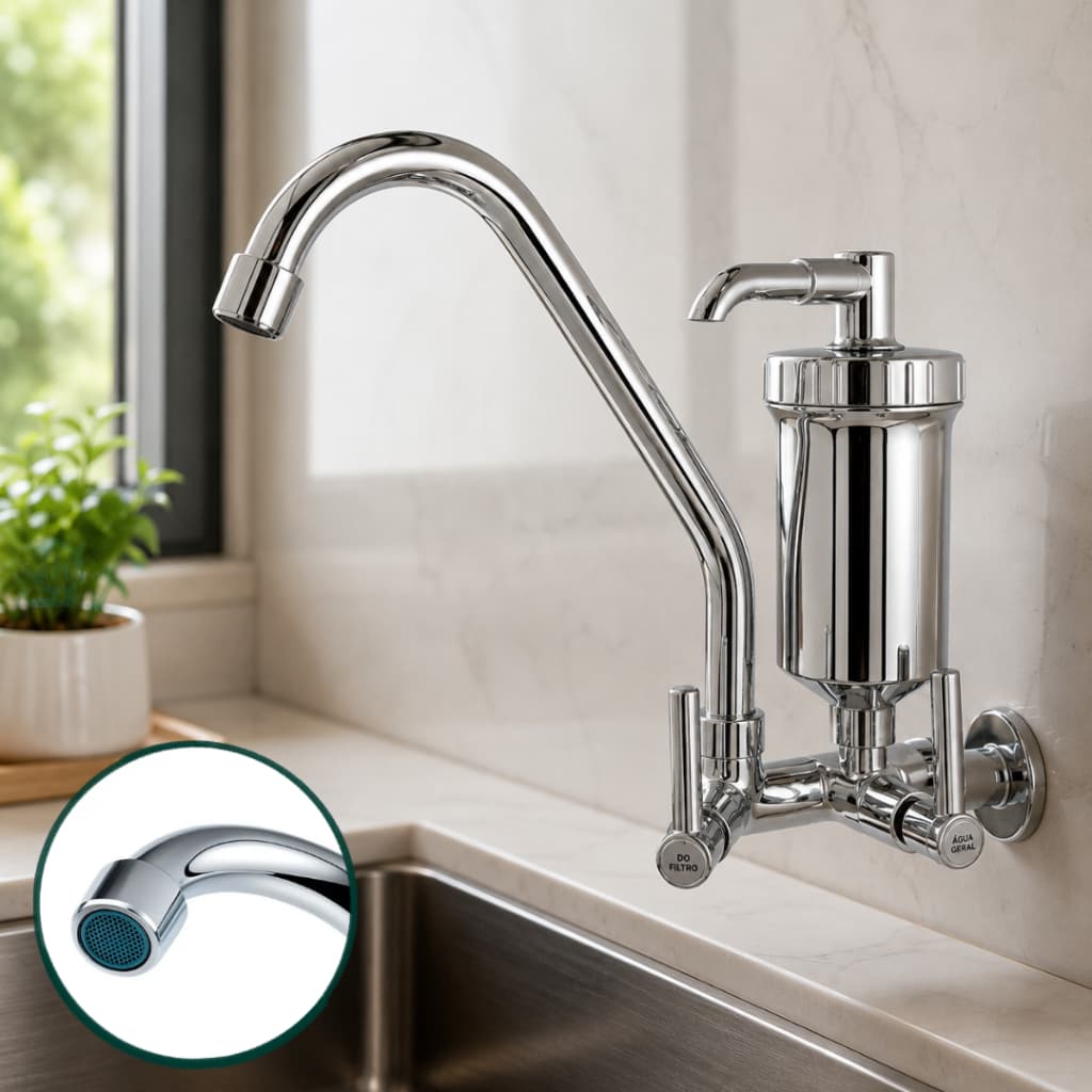 Torneira Filtro Cozinha Parede Bica Móvel Gourmet 1/4 de Volta com Refil