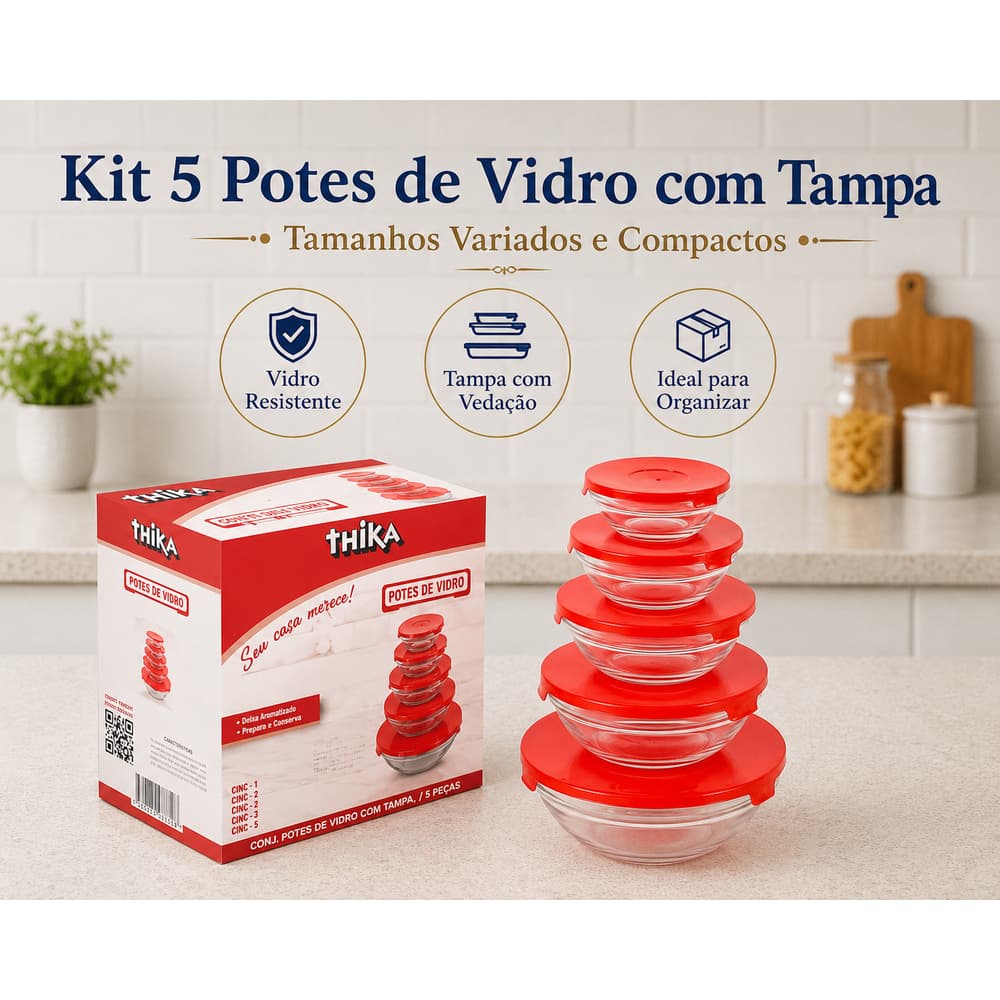 Conjunto 5 Potes de Vidro com Tampa, Kit Tigelas, Tupperware, Pote, Tapuer, Tampa Colorida, Marmita