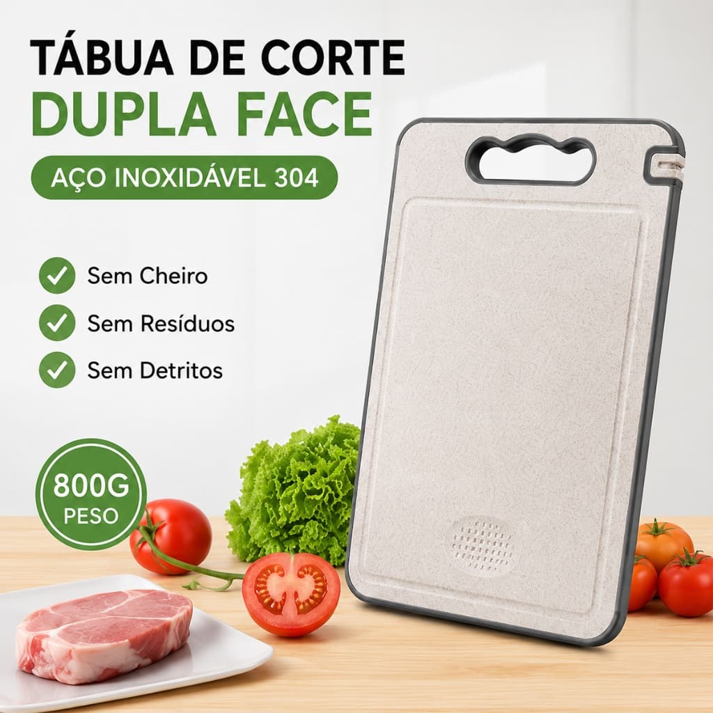 Tábua de Corte Dupla Face Premium Aço Inox 304 Efeito Titânio - com Amolador e Moedor de Alho