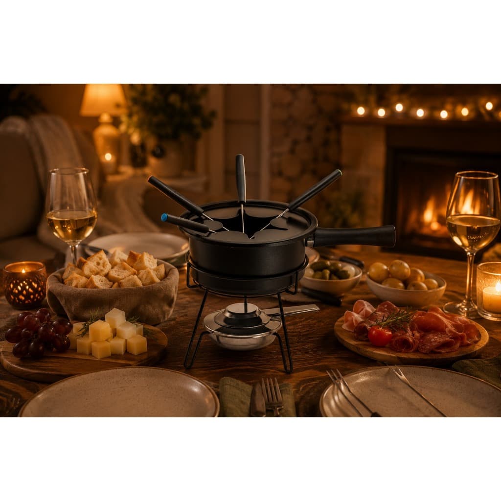 Aparelho De Fondue Panela Antiaderente 1 Litro Aspen Preto 8 Peças Queijo Chocolate Kit Conjunto AlLQualidade Forma Inox