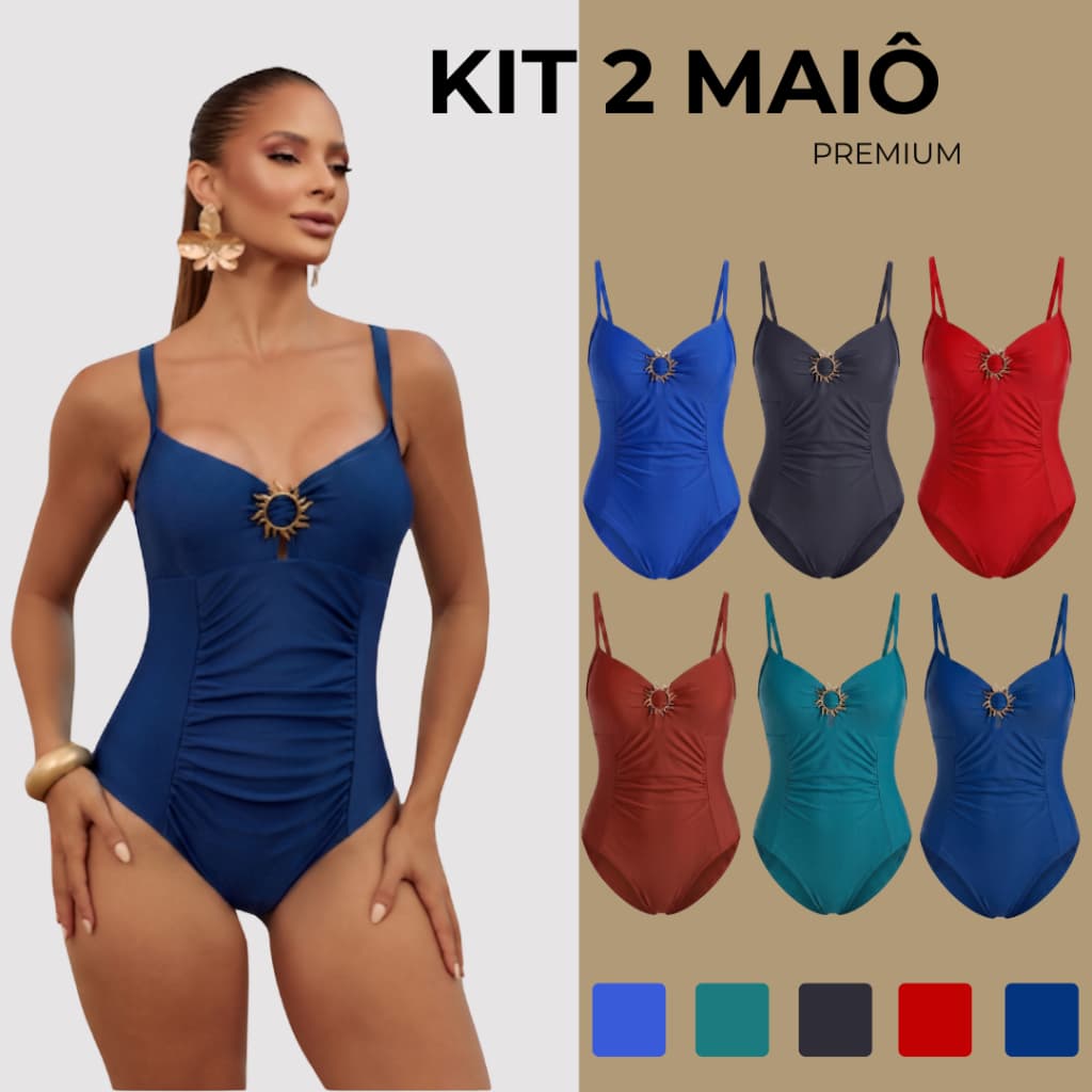 Kit 2 Maiô Feminino Praia Modelador Luxo Poliamida Beach Gloss Com Bojo Concha Dourada Proteção UV50 Disfarça Barriga