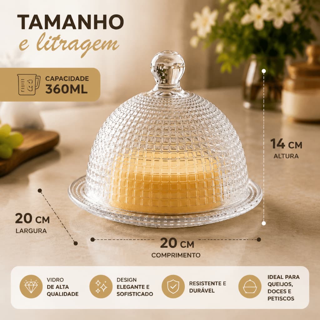 Queijeira Venice Vidro 360ml Tampa Manteigueira Cristal Mesa Posta Café da Manhã Luxo Elegante