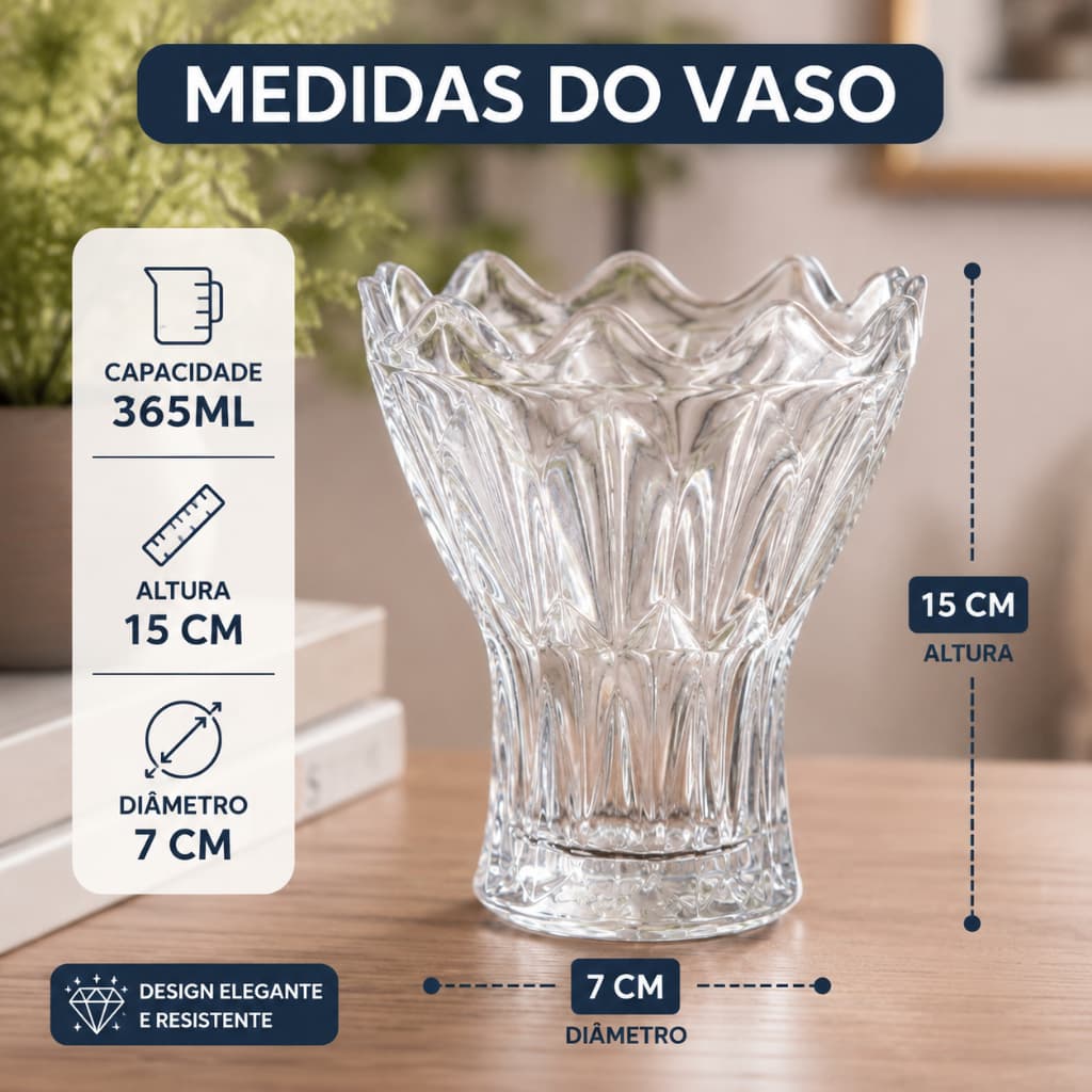 Vaso de Vidro 365ml Cristal Decorativo 15cm Mesa Posta Flores Elegante Luxo Decoração