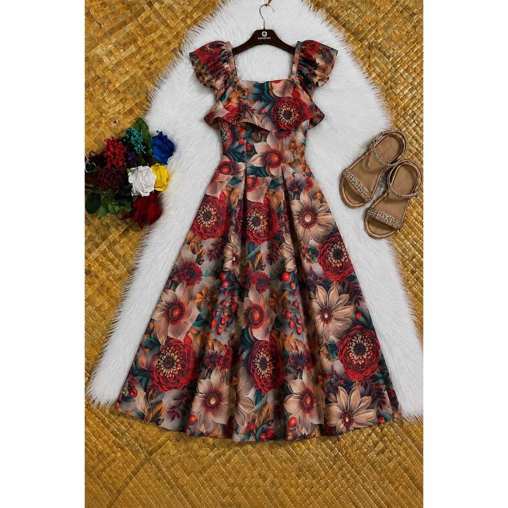Vestido Juvenil Longo Feminino Estampado Elegante Verão