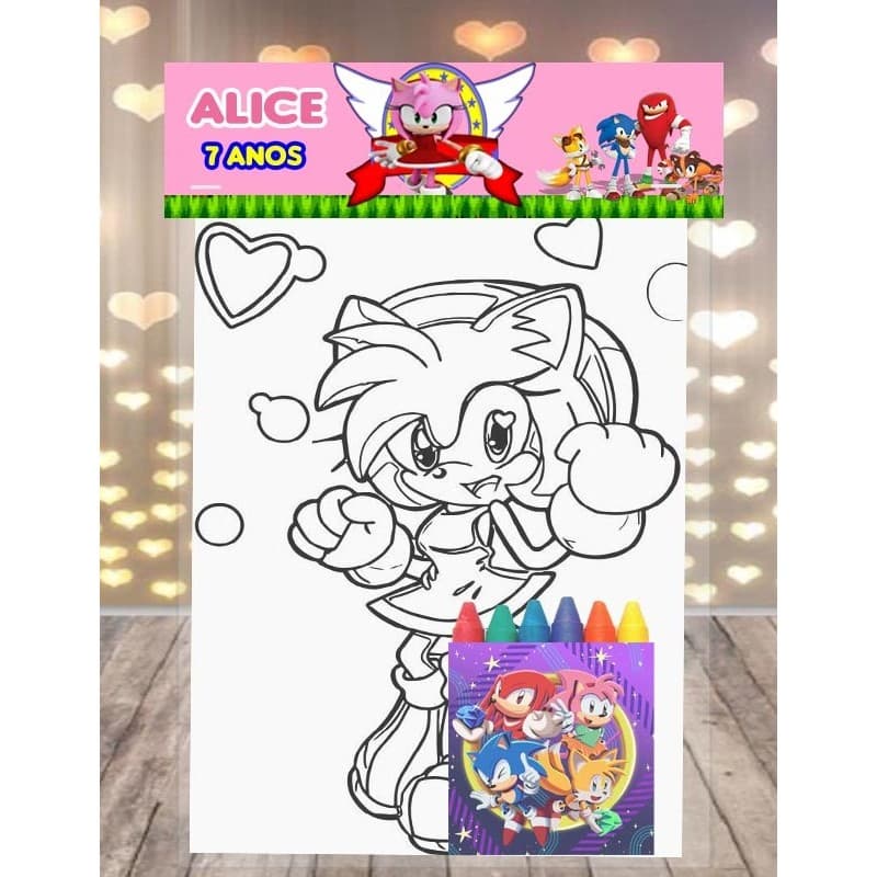 KIT COLORIR COM GIZ DE CERA AMYROSE SONIC FESTA DE ANIVERSARIO TODOS OS TEMAS