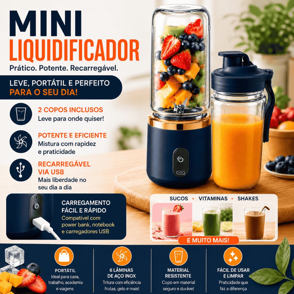 Mini Liquidificador Portátil 2 Copos 400ML Portátil Mixer Recarregável 6 Lâminas Batedor Sheikeira Leite Sucos Vitaminas