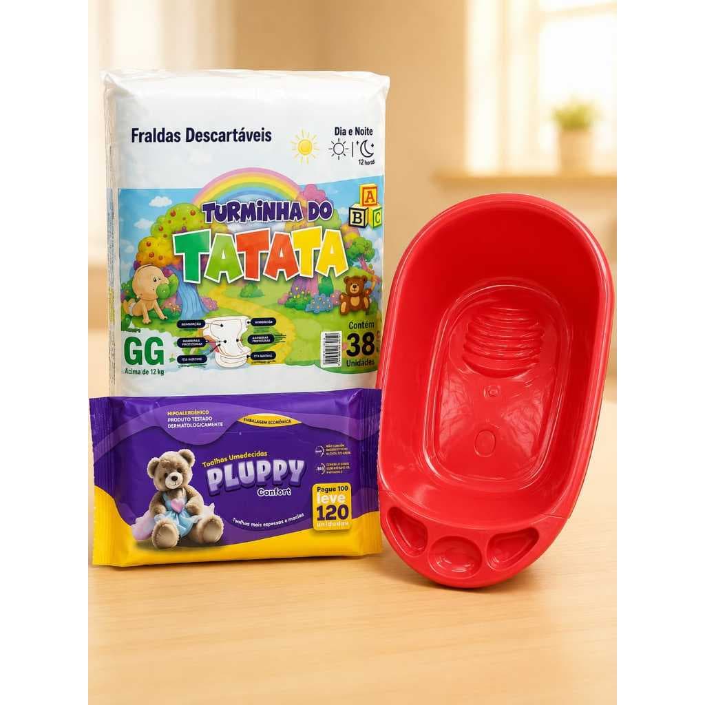 Pacotão Fralda Infantil Turminha do Tatata + Banheira Baby 30 Litro + 120 un Toalhas Umedecidas