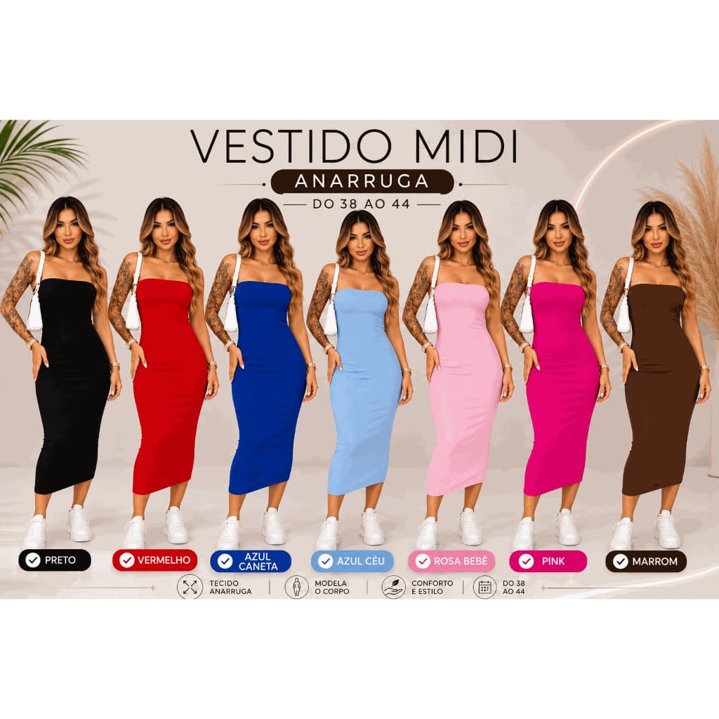 Vestido Midi Tomara que Caia Confortável Tubinho Anarruga Premium Forro Duplo Moderno